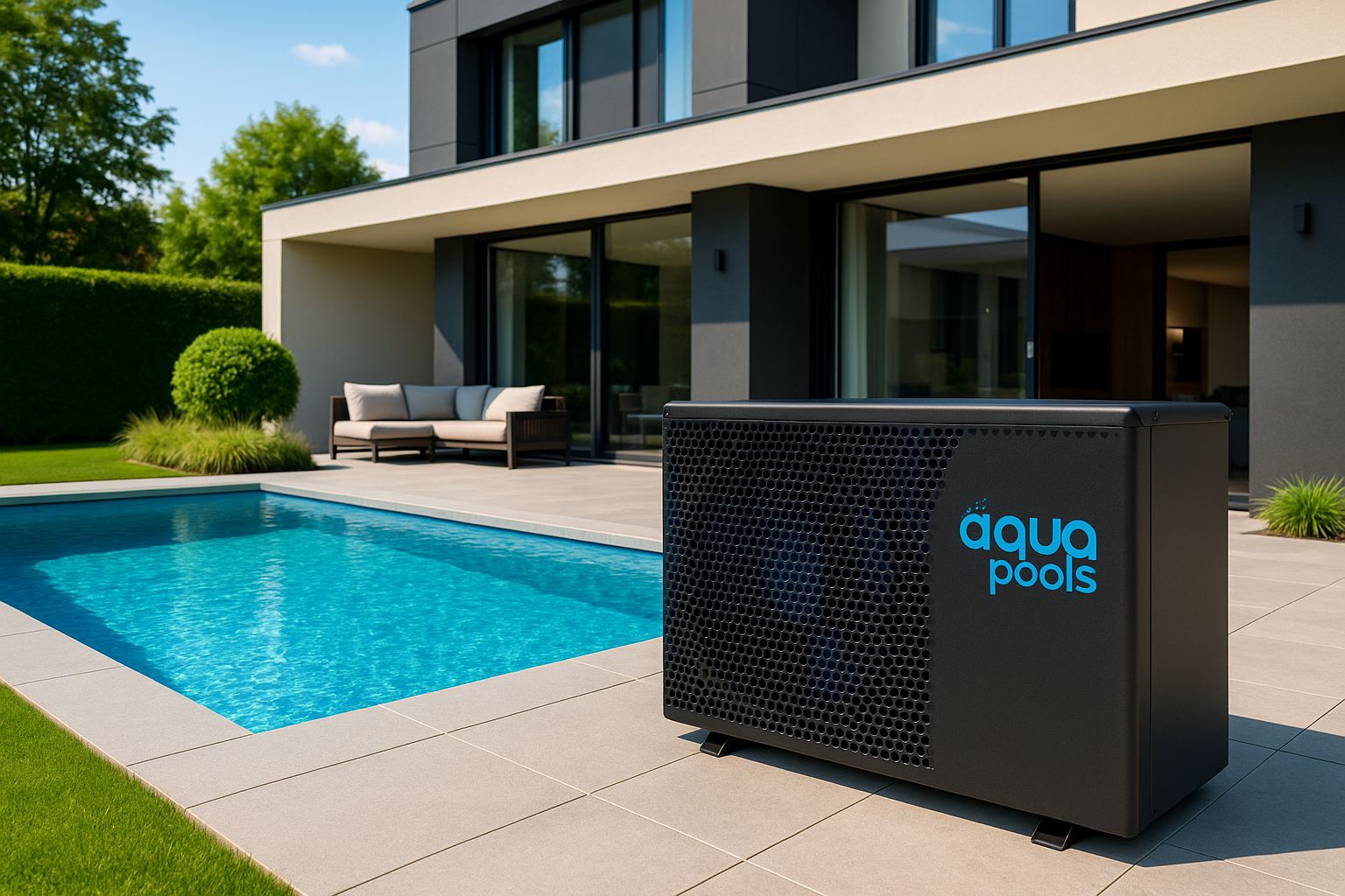 Інверторний тепловий насос для басейну Aqua Pools біля сучасного басейну